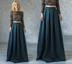 "Long Skirt with Pleats ● Elegance skirt for special occasion ● Can be made in different colors ● High waist design ● Has side seam pockets ● Invisible zipper back ● Beautiful pleats, stitched in sash ● Without lining ● Standard length 120 cm (47,2 inches) fits as full length skirt ● We can make skirt with custom length or waist if you need Please, find your size in STANDARD SIZE GUIDE below! XS (EUR 34) Waist 23,6 inches / 60 cm S (EUR 36) Waist 25,2 inches / 64 cm M (EUR 38) Waist 26,8 inches Full Skirt Dress With Accordion Pleats For Party, Accordion Pleated Full Skirt Party Dress, Elegant Green Evening Maxi Skirt, Green Flowy Formal Skirt, Elegant Green Maxi Skirt For Evening, Formal Green Flowy Skirt, Flowy Long Pleated Skirt For Night Out, Fitted Pleated Maxi Skirt For Party, Elegant Green Pleated Maxi Skirt