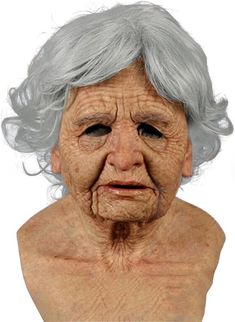 an old woman's face is shown with grey hair and gray eyes, as well as the upper half of her body