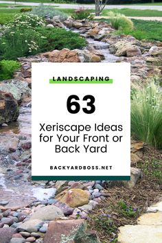 the back yard with rocks and plants in it, text reads landscaping 63 xeriscape ideas for your front or back yard