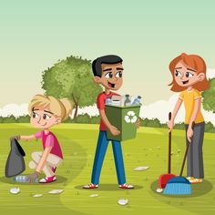 three people standing in the grass with trash bags and shovels, one holding a garbage can