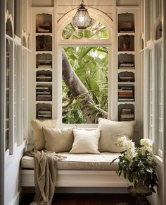 a window seat with pillows on it next to a potted plant and bookshelves