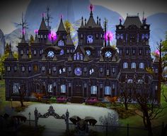 an animated image of a gothic - styled house with purple lights on it's windows