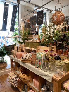 the inside of a flower shop with lots of plants and baskets on it's shelves