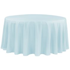 a round table with a light blue cloth on it