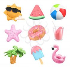 an assortment of beach related items such as watermelon, starfish, doughnut and umbrella