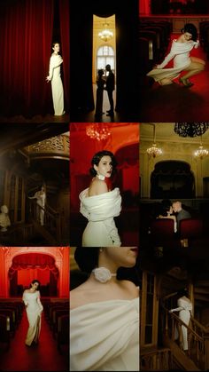 a series of photos with people in white dresses and red curtains, one woman is sitting on the floor