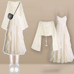 Kawaii Bell Sleeve Cardigan Lace Up Slip Dress Set ON254 White Fake Two-piece Dress For Spring, Casual Fake Two-piece Dress For Spring, Long Sleeve Apricot Summer Dresses, Long Sleeve Apricot Dress For Summer, Bell Sleeve Cardigan, Clothes Kawaii, Egirl Clothes, Suspender Skirt, Kawaii Clothes