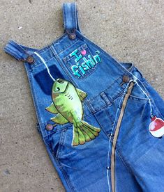 Gone Fishing Party Overalls for Girls, Fishin Photo Props, Fishing Denim Overalls, Daddy Daughter Gone Fishin Photography Props, Custom Oall by dreaminbohemian on Etsy Painted Overalls, Birthday Attire, Toddler Boy Gifts, Fishing Party, Sunshine Birthday, Kids Overalls, Girls Overalls, Kids Fishing, Denim Dungarees