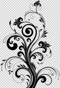 a black and white floral design with swirls on transparent background, hd png