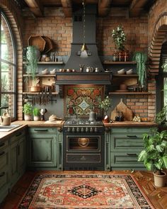 an old fashioned kitchen with green painted cabinets and brick walls, potted plants on the stove