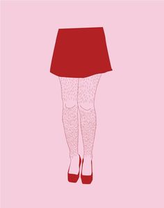 a woman's legs in high heels and a red skirt on a pink background