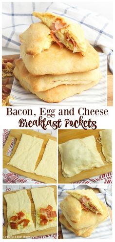 bacon, egg and cheese breakfast pockets on a cutting board with text overlay that reads bacon egg and cheese breakfast pockets