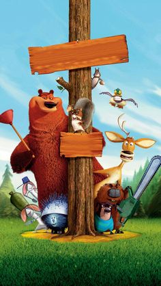 a cartoon bear and other animals standing around a wooden sign