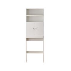 a white bookcase with two doors and one drawer on the bottom, against a white background