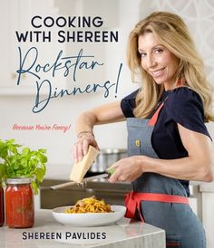 a woman in an apron is cutting food on a counter with the words cooking with shereen rockstar dinners