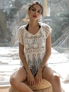 Hollow See-through Flower Tassel Cover Ups - rrdeye Summer V-neck Top With Tassels, Summer V-neck Tops With Tassels, Bohemian Cotton Crochet V-neck Top, Beige V-neck Top For Festival, Summer V-neck Tops With Fringe Details, Summer V-neck Tops With Fringe, Summer V-neck Top With Fringe, Casual V-neck Top With Fringe, Beige V-neck Top For Beach Cover-up