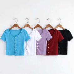 Knitted Short Sleeve Button Down Crop Top Tshirts Trendy Crew Neck Top With Buttons, Trendy Short Sleeve Tops With Buttons, Trendy Short Sleeve Buttoned Tops, Casual Summer Knit Top With Buttons, Solid Ribbed Button-up Tops, Crop Top Tshirts, White Button Up Crop Top, Fashion Teens, Formal Blouses