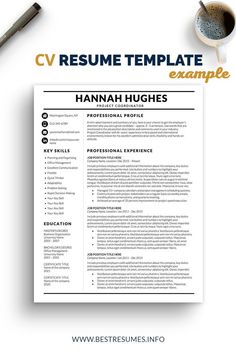 a professional resume template for word or pages, with an image of a coffee cup and pen