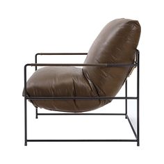 a brown leather chair sitting on top of a metal frame