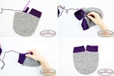 four pictures showing how to crochet the purse