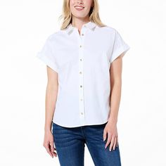 Jaclyn Smith Short-Sleeve Woven Button Front Shirt  You'll love the chic sophistication of this short sleeve button-down shirt, and how it pairs perfectly with denim or your favorite pencil skirt. Jaclyn Smith, White Coral, Draped Fabric, Button Front Shirt, Fashion Colours, Shirt Collar, The Chic, Shirt Sleeves, Pencil Skirt