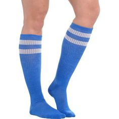 Pull on our Blue Stripe Athletic Knee-High Socks for some instant team spirit! These athletic knee-high socks feature allover bright blue with two white stripes at the top. They reach all the way up to your knees for a look that's both sexy and demure! Blue Stripe Athletic Knee-High Socks product details:  Each measures 19in long Fits men's shoe sizes 4 1-2 to 7 1-2 and women's shoe sizes 5 1-2 to 9 1-2  52% acrylic 39% polyester 6% rubber 2% spandex 1% other fiber  Hand wash cold line dry Sully Halloween Costume, Cheer Socks, Plus Size Costume, Halloween Costume Shop, Blue Socks, Toddler Costumes, Socks And Heels, Men's Shoe, Striped Socks