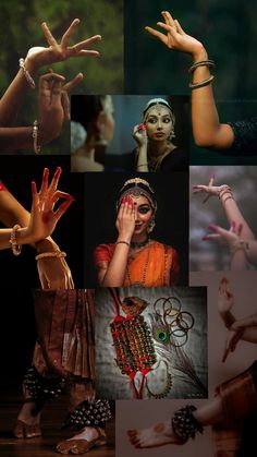 a collage of different images with hands and body parts in the middle one woman is holding her hand up