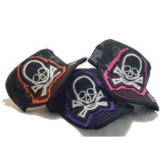 Distressed Skull Patch Hats has an elastic back strip to fit everyone. The hat base has a skull "ghost" image. The bill had an embroidered skull. The front has a distressed skull patch that comes in your choice of 3 colors. Available in: PurplePink Orange Rock the horror lifestyle with the cool black skull hat with your favorite color! Skull Print Cap One Size Fits Most, Skull Print Cap One Size, Casual Adjustable Trucker Hat With Skull Design, Casual Black Hat With Skull Print, Black Skull Print Hat, Adjustable Skull Print Hats For Halloween, Casual Snapback Baseball Cap With Skull Print, Adjustable Skull Print Halloween Hats, Casual Skull Print Snapback Baseball Cap