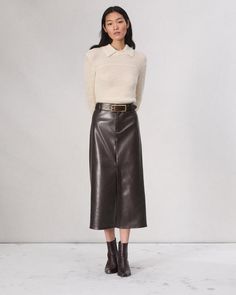 Buy Rayne Faux Leather Skirt for USD 288.00 | rag & bone Black Leather Midi Skirt, Faux Leather Midi Skirt, Mid Calf Skirt, Easy Winter Outfit, Leather Midi Skirt, Fitted Turtleneck, Early Fall Outfit, Leather Pencil Skirt, Faux Leather Skirt