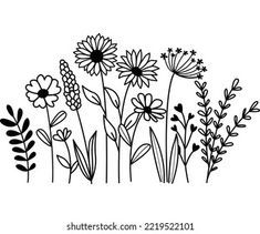 a line drawing of flowers on a white background with the words, i love you