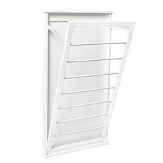 an open white closet door on a white background