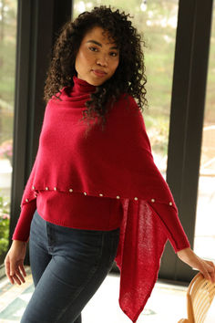 A beautiful woman wearing a vibrant red cashmere poncho and matching sweater Dress Topper, Rhinestone Dress, Rhinestone Trim, Natural Curves, Holiday Fashion, Every Day, Cashmere, Sparkle, Womens Sizes