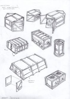 several drawings of different types of boxes and containers, all drawn in one point perspective