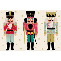 three nutcrackers are standing next to each other