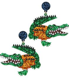 Adorable green and orange glitter gator earrings. Perfect for and Florida sporting event. Green Novelty Party Earrings, Green Novelty Earrings For Party, Novelty Green Earrings For Party, Orange Parfait, Sporting Event, Orange Glitter, Glitter Earrings, Green And Orange, Alligator