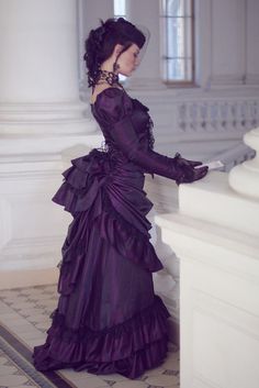 Victorian Gothic Purple Gown by BlackMart;   Costume designer: Katherine Baumgertner; Photographer: XZest; Model: Maria Slobodchikova Gothic Fashion Victorian, Moda Steampunk, Gothic Mode, Purple Gowns, Bustle Dress, Victorian Goth, Gothic Corset