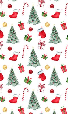 watercolor christmas tree and stockings pattern with candy canes on white background, seamless