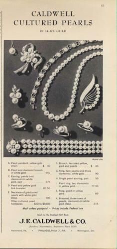 1962-J-E-Caldwell-Co-Pearls-Diamond-Necklace-Bracelet-Rings-Brooches-PRINT-AD Vintage Collectible Jewelry With Hallmark, Vintage Jewelry Collectible With Hallmark, Vintage Jewelry For Anniversary, Vintage Jeweled Anniversary Brooch, Vintage Jeweled Brooch For Anniversary, Vintage Jeweled Brooches For Anniversary, Vintage Jewel Brooches For Anniversary, Vintage Jewels Brooches For Anniversary, Retro Round Jewelry For Weddings