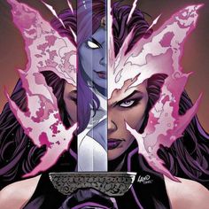 a woman with purple hair holding two swords