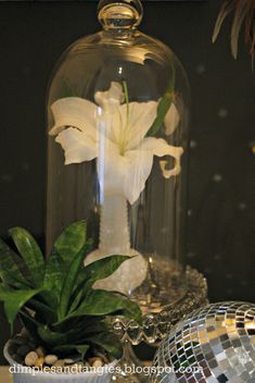 a glass clochet with flowers in it sitting next to a disco ball