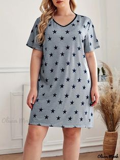 Olivia Mark - Plus Size Casual Nightdress, Women's Plus Star Print Short Sleeve V Neck Medium Stretch Comfort Sleep Dress Galaxy Sleeve, Nightdress Women, Sleep Dress, Sleep Comfortably, Plus Size Casual, Collar Dress, Gray Dress, Star Print, Olivia Mark