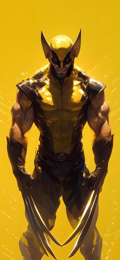 an animated wolverine character standing in front of a yellow background with his hands on his hips