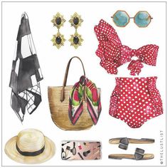 an assortment of clothing and accessories including a hat, sunhat, beach bag, sunglasses