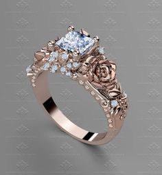 a rose and diamond engagement ring on a gray background