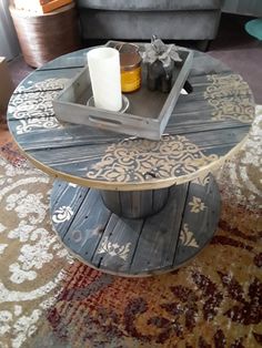 a coffee table with a tray on top of it