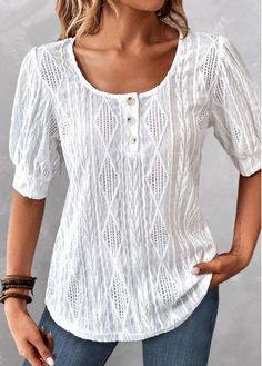 #shortsleeve #roundneck #button #stylish #party #modern #casual #tshirt #blouse #white #modern #stylishblouse #casualblouse Short Sleeve Lace Blouse, Badass Style, Sunday Afternoon, Style Blogger, Summer Style Casual, 2024 Fashion, 50 Fashion, Fashion Studio, Lace Blouse