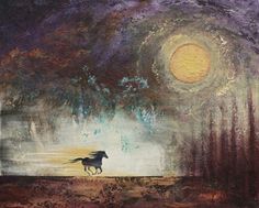 a painting of a horse running across a field with the moon in the sky behind it