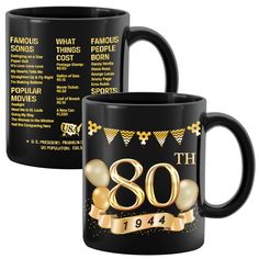 two black coffee mugs with gold foil balloons and the words 30th birthday on them