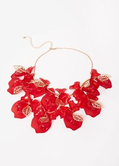 Acrylic petals are accented with gold-tone leaves along the links of our necklace. Red Holiday Dress, Necklace Trendy, Pretty Fashion, Flower Petal, Ring Pendant Necklace, Designer Crossbody Bags, Ashley Stewart, Gold Flower, Gold Tone Necklace