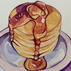 a painting of pancakes on a plate with syrup dripping from the top and a stack of pancakes in the middle